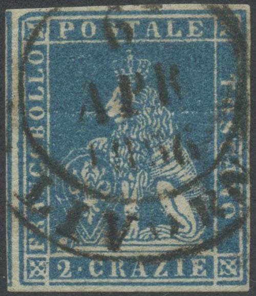 1851, 2cr. N.5d Azzurro su Grigio, ... 