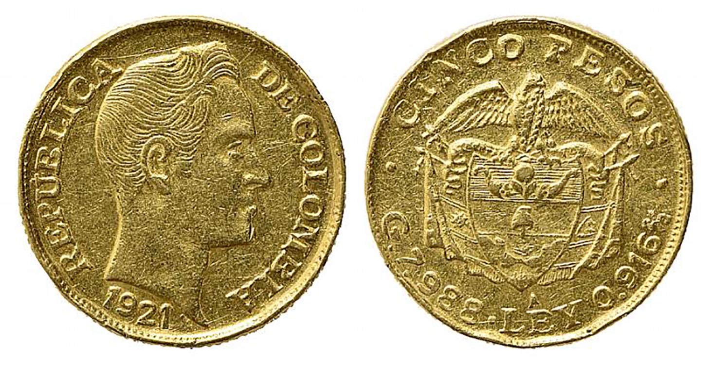 COLOMBIA. 5 Pesos 1921 Au (7,87 g ... 