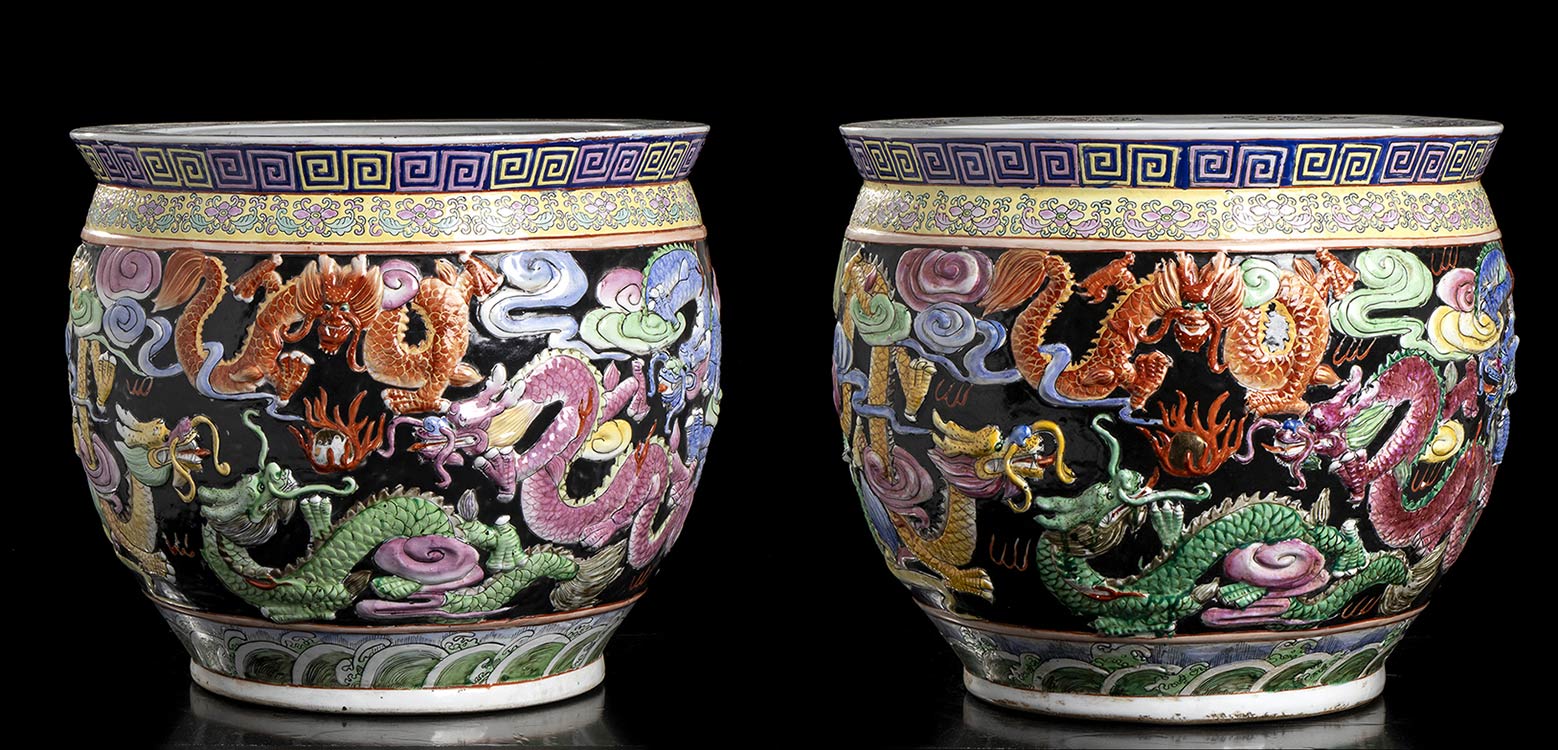 TWO LARGE POLYCHROME PORCELAIN ... 