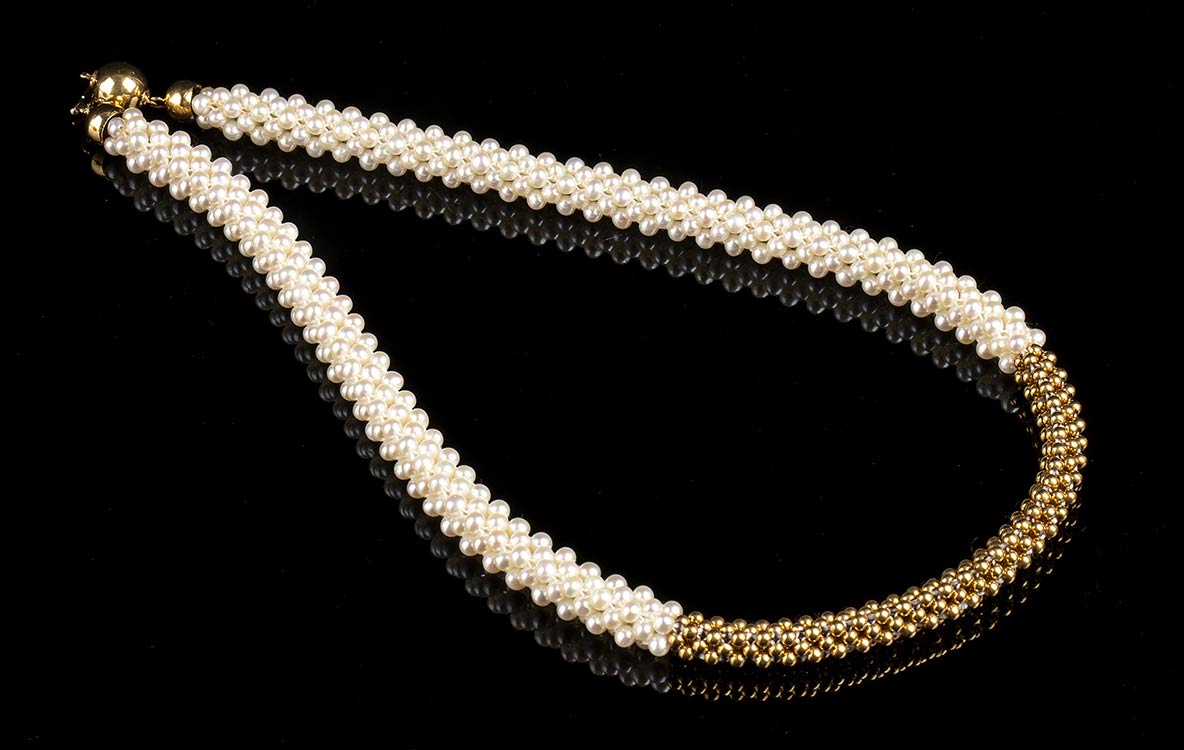Woven mesh freshwater pearls gold ... 