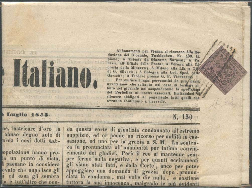 5.7.1853, Giornale affrancato con ... 