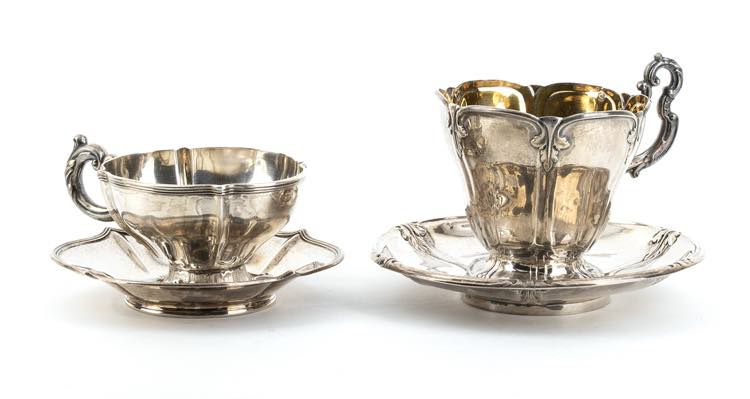 Two French silver cups with plates ... 