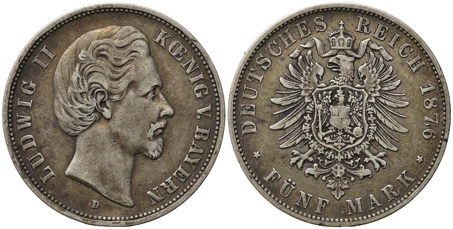 GERMANIA. Bavaria. 5 Mark 1876 D. ... 