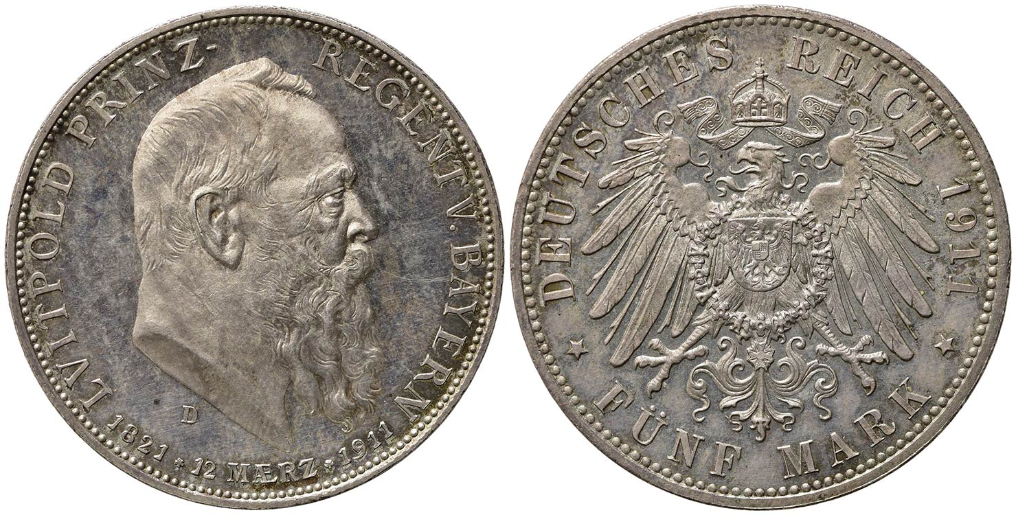 GERMANIA. Bavaria. 5 Mark 1911 D. ... 