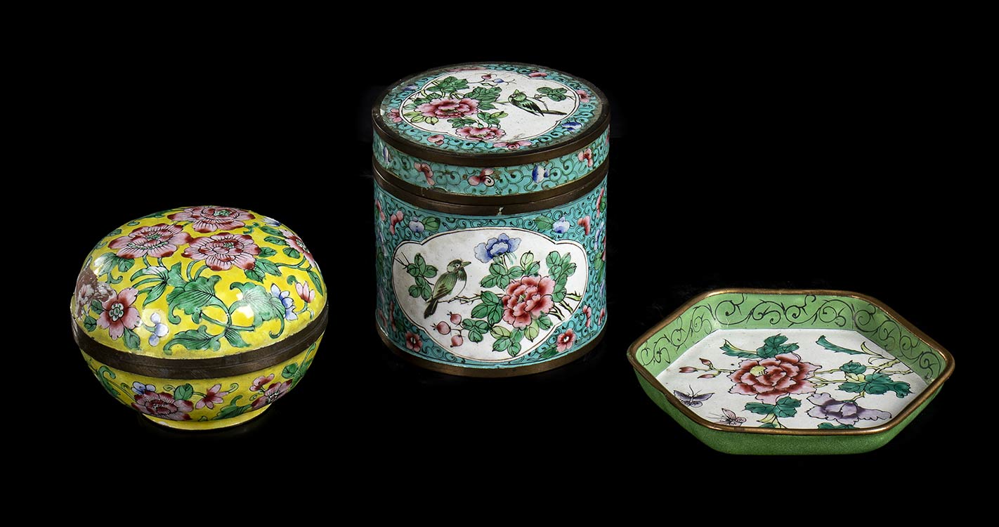 THREE ENAMELLED METAL CONTAINERS ... 