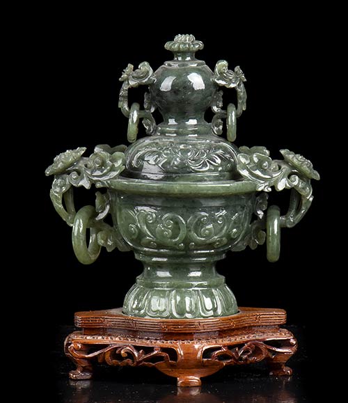 A GREEN STONE VASE AND LID China, ... 