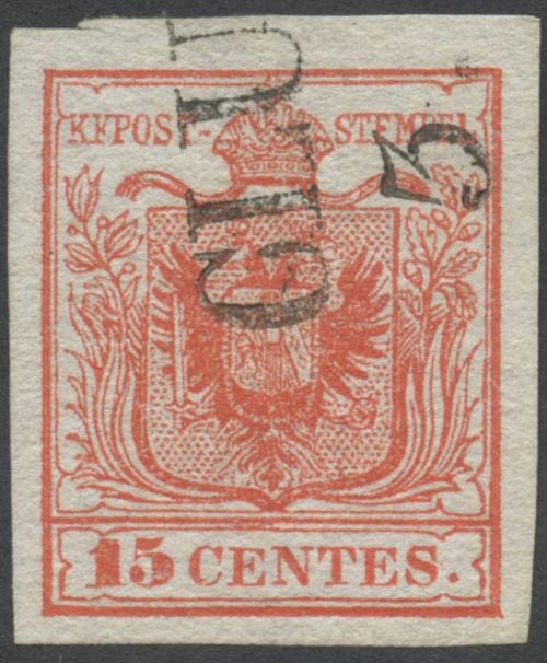 1850, 15c. N.3a Rosso, usato. (A+) 
