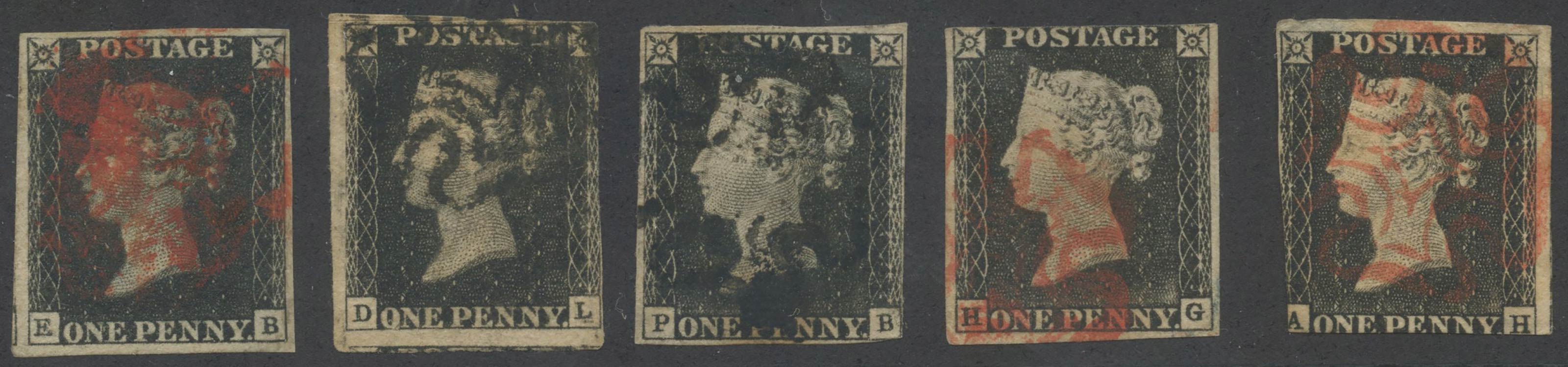 1840, Penny Black, 5 stamps of ... 