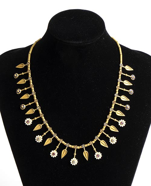 Gold necklace with enamel diamond ... 