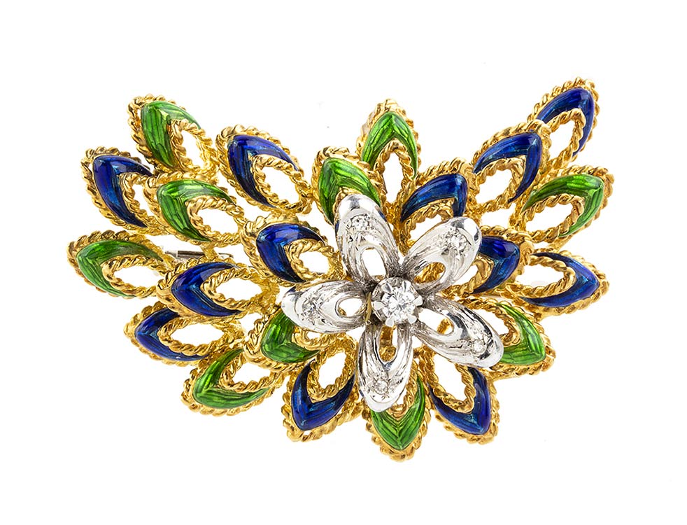 Enamel diamond floral gold brooch ... 