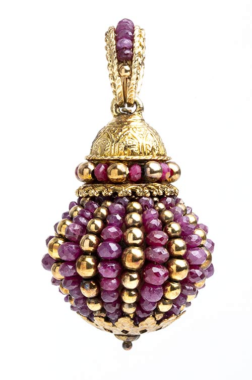 Gold and ruby pine cone pendant ... 