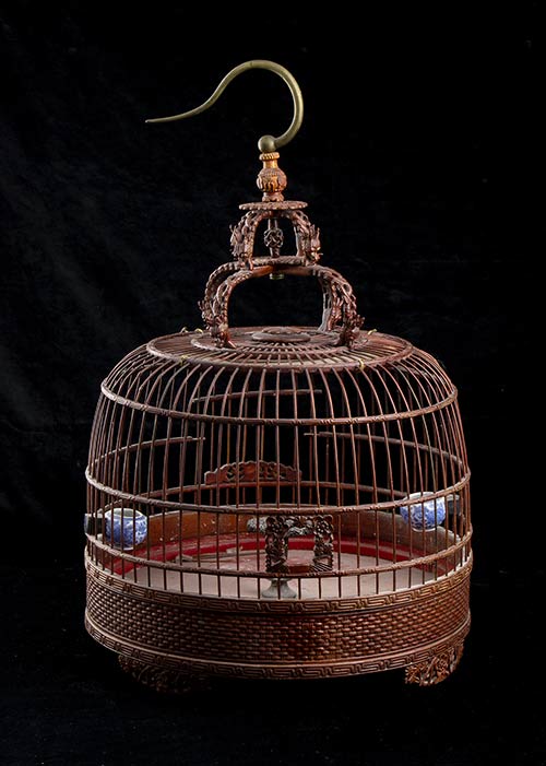 A BAMBOO BIRDCAGE WITH TWO ‘BLUE ... 