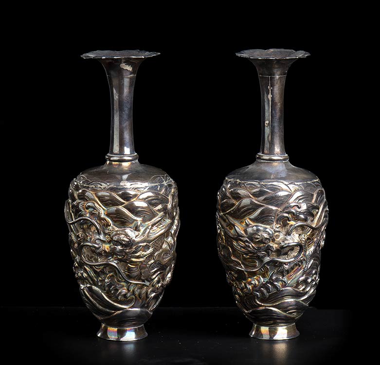 A PAIR OF SILVER SMALL VASESChina, ... 