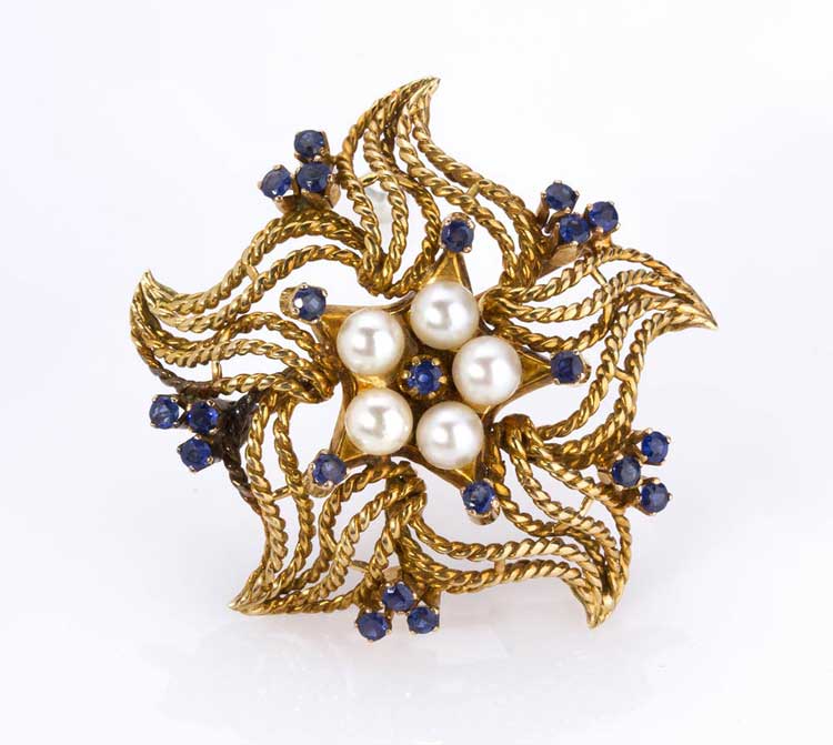 PEARL AND SAPPHIRE GOLD  BROOCH; ... 