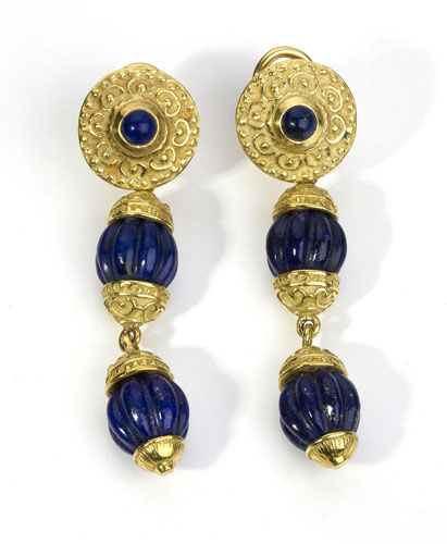 GOLD LAPIS PENDENT EARRINGS; with ... 