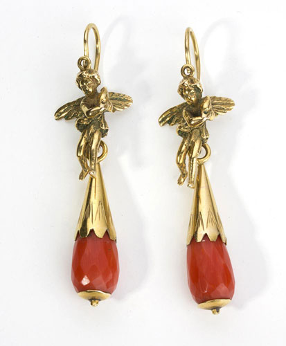 PAIR OF GOLD AND CORAL PENDANT ... 