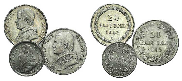 Papal, Pio IX, lot of 3 AR coins ... 