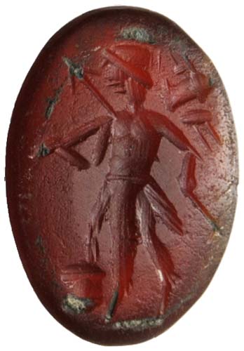 Male figure with helmet and spear. ... 