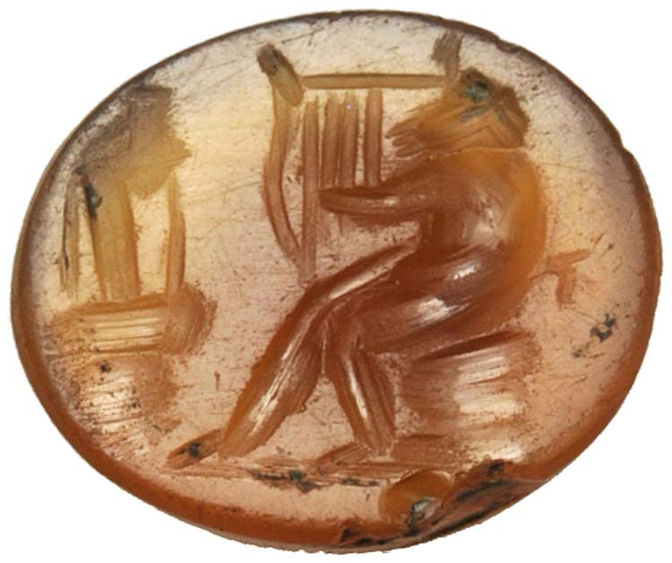 Carnelian with satyr playing the ... 