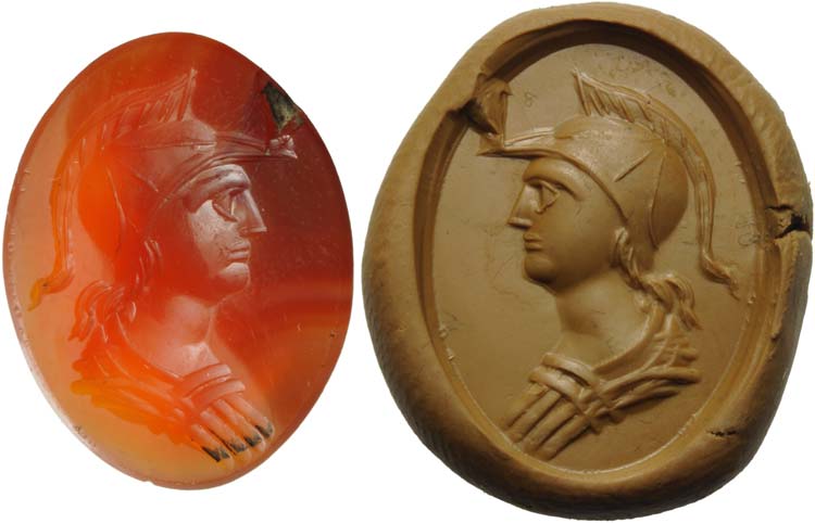 Agate intaglio. Bust with helm. ... 