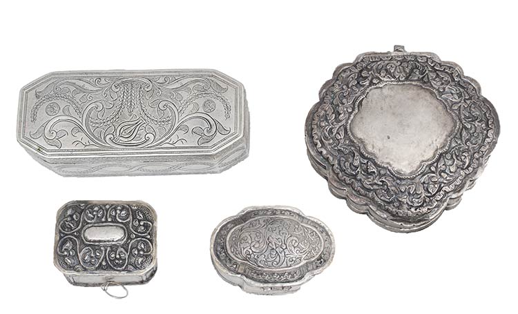 FOUR INDONESIAN SILVER BOXES AND ... 
