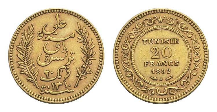 Tunisia, AV 20 Francs 1892, Paris ... 