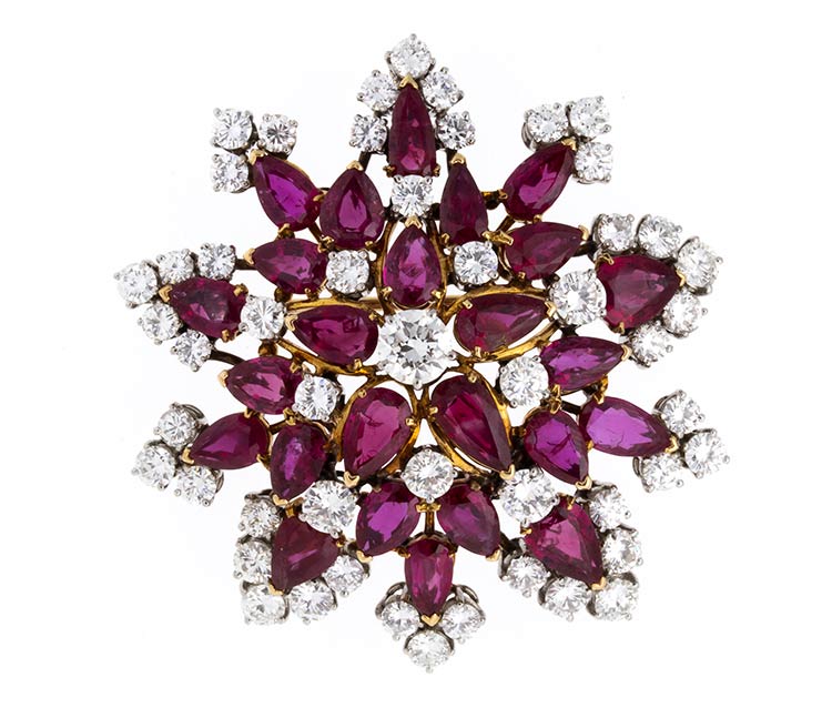 DIAMOND AND RUBY GOLD BROOCH - ... 