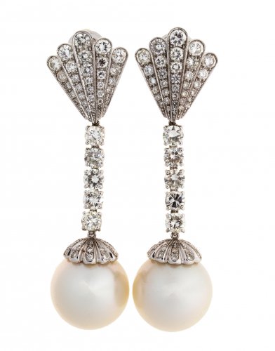PAIR OF PEARL, DIAMOND AND GOLD ... 
