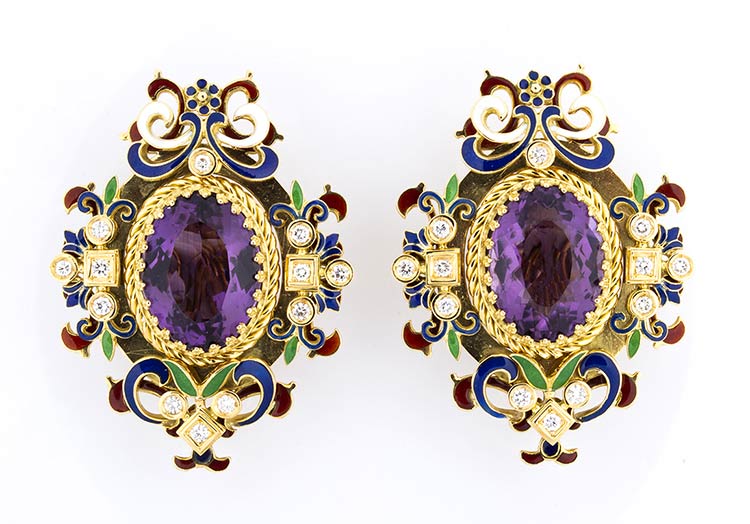PAIR OF GOLD, AMETHYST AND ENAMEL ... 