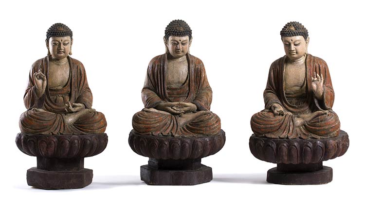THREE PAINTED WOOD SCULPTURES OF ... 