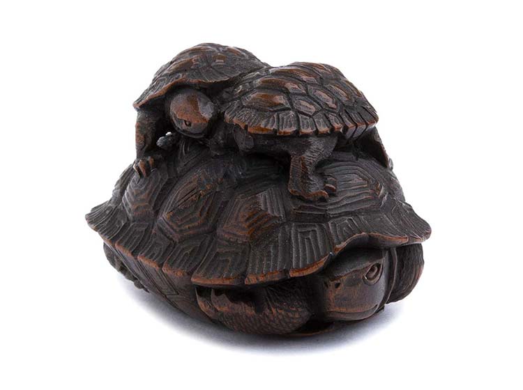 A WOOD NETSUKE OF A TURTLE AND TWO ... 