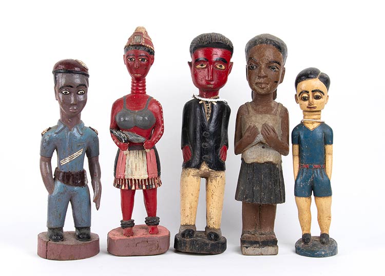 FIVE PAINTED WOOD SCULPTURES OF ... 