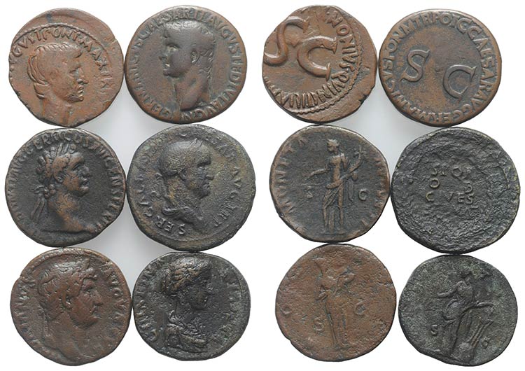 Lot of 6 Roman Imperial Æ Asses, ... 