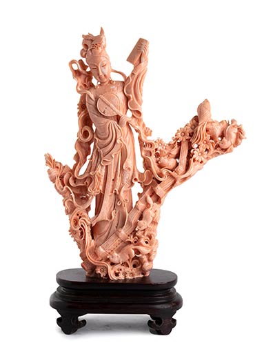 A PINK CORAL CARVING OF A FEMALE ... 