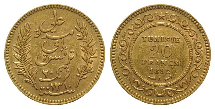 Tunisia, AV 20 Francs 1892, Paris ... 