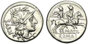 M. Atilius Saranus, Denario, Roma, 148 a.C.; ... 