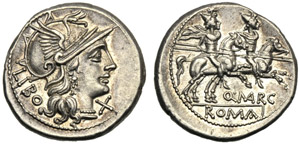 Q. Marcius Libo, Denario , Roma, 148 a.C.; ... 