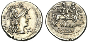 L. Sempronius Pitio, Denario, Roma, 148 ... 