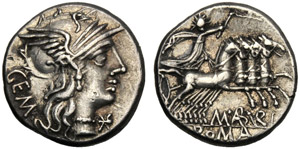 M. Aburius M.f. Geminus, Denario, Roma, 132 ... 