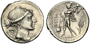 L. Valerius Flaccus, Denario, Roma, 108 o ... 