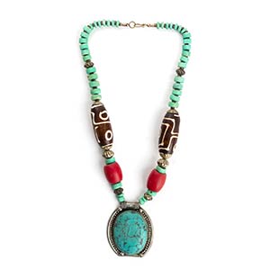 A TURQUOISE, GLASS, DZI AND SILVER NECKLACE ... 