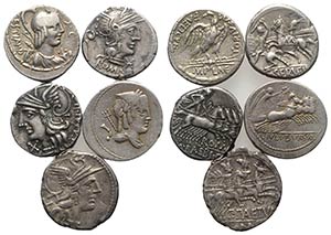 Lot of 5 Roman Republican AR Denarii, to be ... 