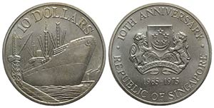 Singapore. AR 10 Dollars 1975, 10th ... 