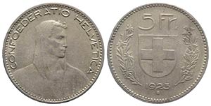 Switzerland. AR 5 Francs 1923 (37mm, 25.00g, ... 