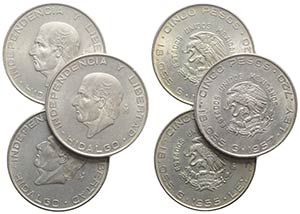 Mexico, lot of 3 coins (5 Pesos 1955, 1956, ... 
