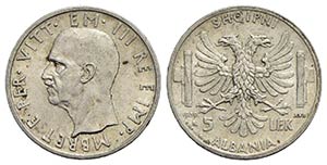 Albania - 5 Lek - 1939 XVII - AG Pag. 992; ... 