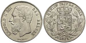 BELGIO - Leopoldo II (1865-1909) - 5 Franchi ... 