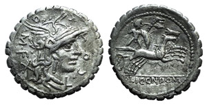 L. Pomponius Cn.f., Rome, 118 BC. AR Serrate ... 