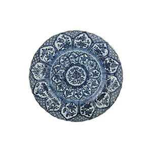 A LARGE BLUE AND WHITE DISH WITH BARBED RIM ... 