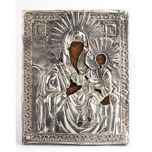Icona russa con riza in argento raffigurante ... 